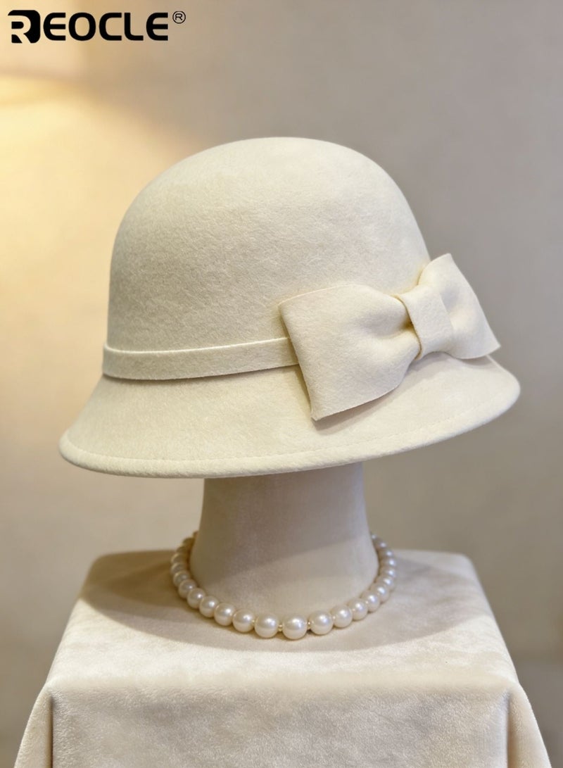 REOCLE Women's Wool Fedora Hat with Retro Wide Brim Design and Fisherman Style Silhouette Elegant Winter Cap with Windproof Warmth for Autumn Fashion - Image 4